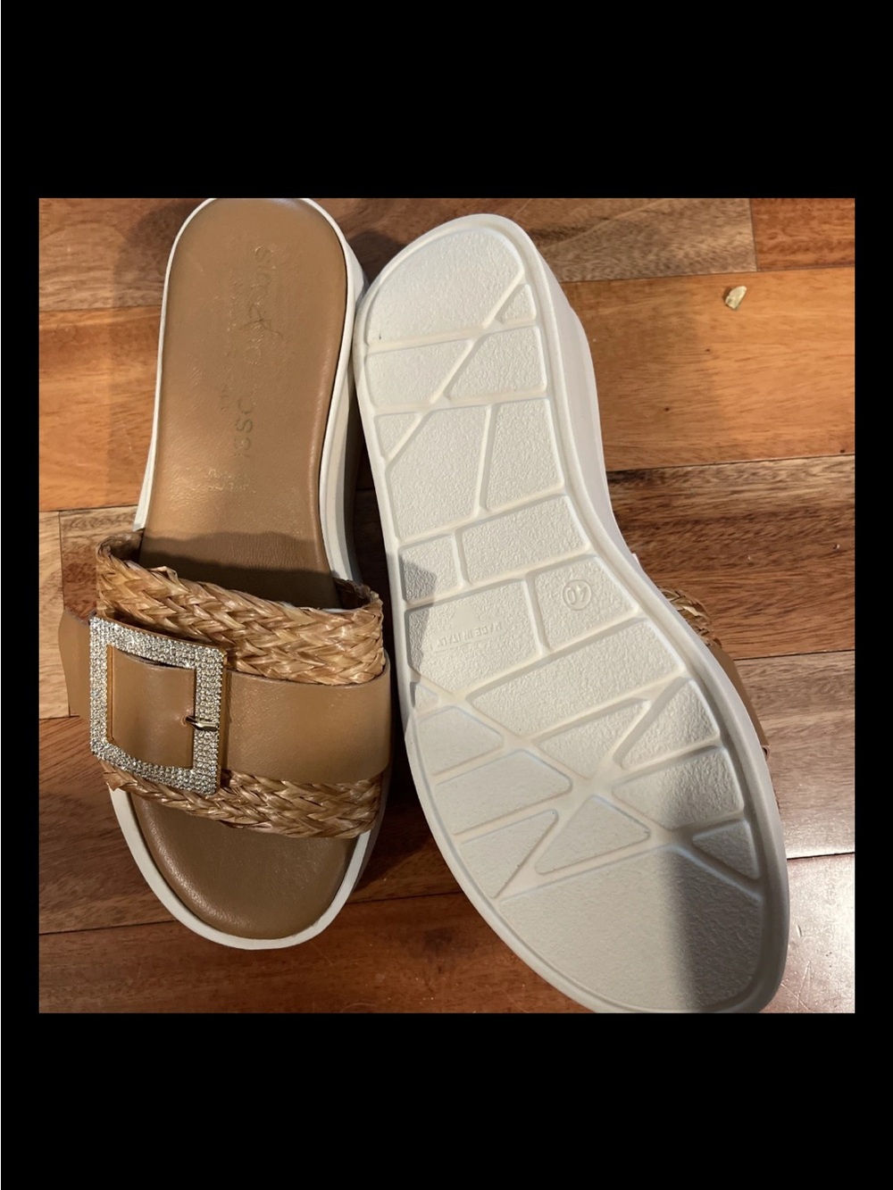 Simon Rossi Woven Tan Slide Sandals with Rhinestone Buckle nwt